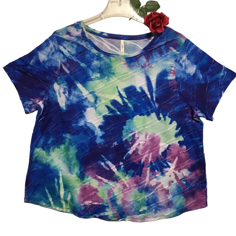 Jillian & Nicole 1X Artsy blue watercolor scoop neck short sleeve T-shirt